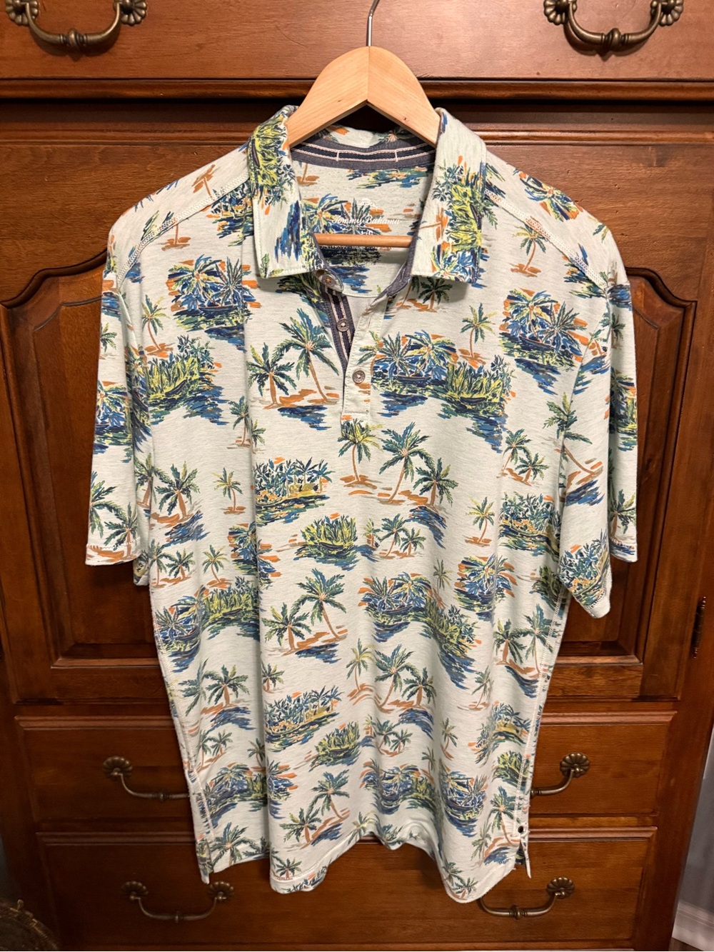 Tommy Bahama Island Print Polo in Cream with Blue & Green Accents